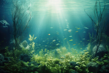 Fototapeta na wymiar Submerged underwater scene with aquatic textures and colors