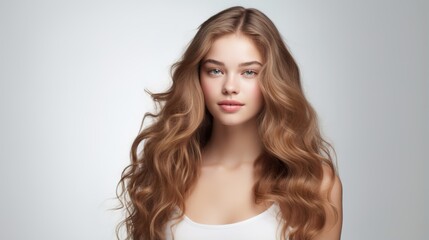 Naklejka premium Smiling blonde woman with natural makeup and curly hairstyle, showcasing beauty and glamour in a studio portrait
