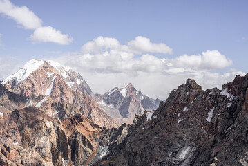 Sharp and snow-capped mountain peaks in Tajikistan