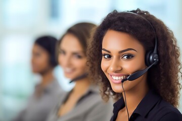 Inside a call center, a pretty girl smilingly answers a phone call to provide assistance.