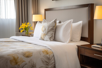 Fototapeta na wymiar Hotel Room Bed with Fresh Linens