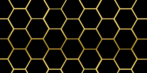 Abstract hexagons pattern. Geometric background with golden hexagonal elements on black. Medical, technology or science design.