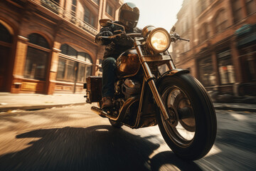 Vintage motorcycle cruising down a deserted city street, with the rider wearing retro leather gear