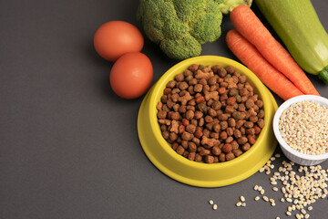 Dry pet food and products on black background, space for text