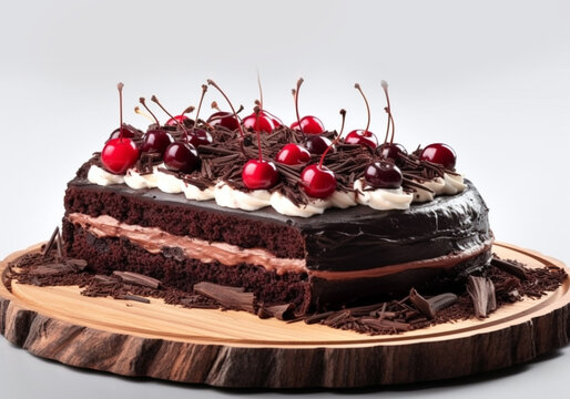 Birthday chocolate cake with cherries close up