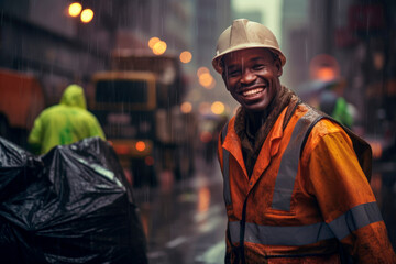 Street Cleaning Hero: A Portrait of an African Garbage Man with a Blurred City Street and Traffic in the Background.

