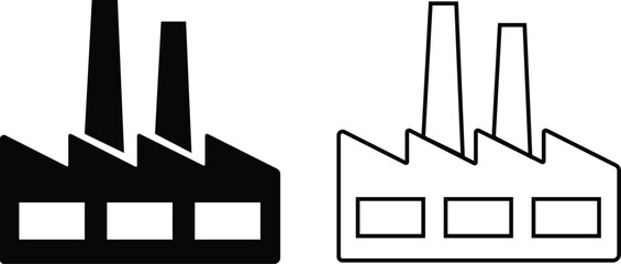 Factory icons set. industrial buildings pictogram. Black silhouettes of manufacturing objects isolated on white background. contours of plants for industrial design collection. - obrazy, fototapety, plakaty