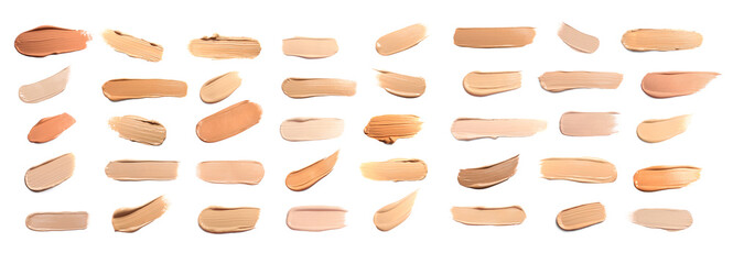 Foundation of different textures and shades for various skin types isolated on white. Set with samples of makeup product