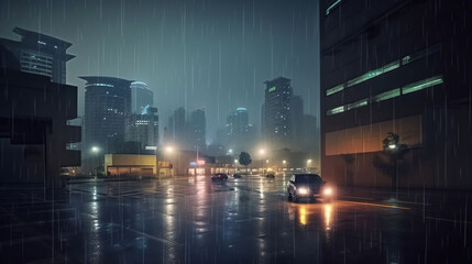 Fototapeta na wymiar Nocturnal Drizzle. A Moody Cityscape in the Rain. Generative AI