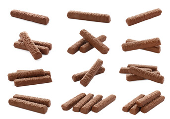 Collage with chocolate bars isolated on white