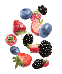 Many different berries flying on white background