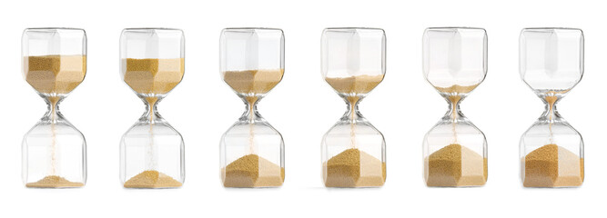 Passage of time. Hourglass with flowing sand on white background, collage