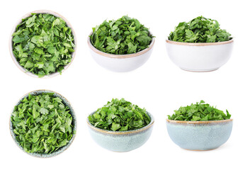Collage with cut parsley in bowls isolated on white, top and side views