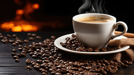 Aromatic Elegance. White Coffee Cup and Coffee Beans on a Wooden Table on dark background. Generative AI