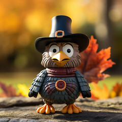 a toy turkey dressed as a pilgrim wearing a hat