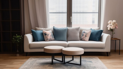 Fototapeta premium Transforming Your Living Room into a Relaxation Sanctuary with a Plush Sofa. Generative AI