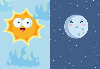 Night versus Day Vector Cartoon Design Illustration. Nighttime versus daytime graphics with moon and son characters 
