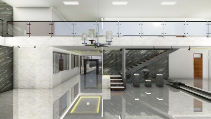 Luxurious white empty room in modern style, gray marble tile walls and floor decoration with crystal chandelier. 3d rendering