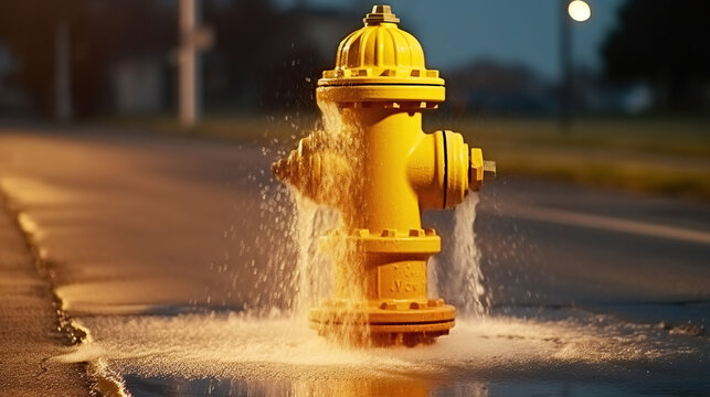 Hydrant Yellow Splashdown. Close-up of Street Flooding