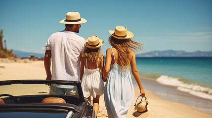 Young family with girl on the beach, Rear View. Travel and summer vacation concept. Generative AI