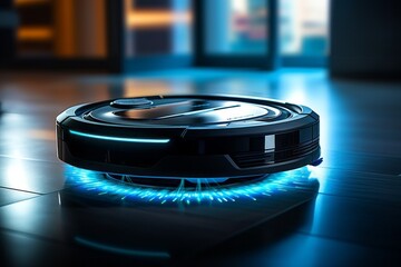 Robot vacuum cleaner with selective focus on blurred background of home interior