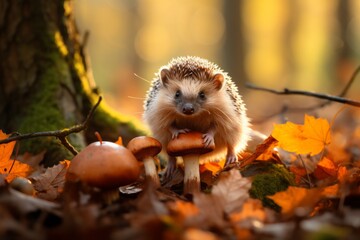 Hedgehog on the back of autumn nature. Background with selective focus and copy space