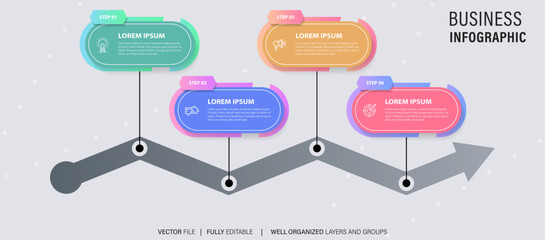 Timeline infographic with infochart. Modern presentation template with 4 spets for business process. Website template on white background for concept modern design. Horizontal layout