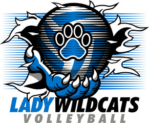 lady wildcats volleyball team design with claw holding ball and net for school, college or league