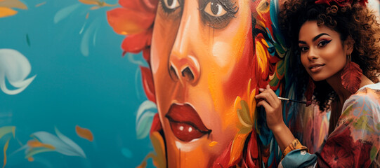Urban Canvas: Painting Vibrant Colors with Brush, Street Art of a Talented Woman - Ai Generative
 - obrazy, fototapety, plakaty
