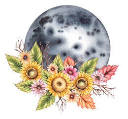 Watercolor moon with autumn bouquets isolated