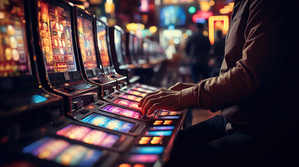 A person playing a slot machine in a casino. Generative AI - obrazy, fototapety, plakaty