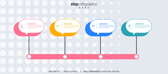 Business infographic template. Thin line design label with icon and 4 options, steps or processes.