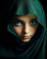 Naklejka premium portrait a muslim child girl in hijab, super close up, hyper realistic and detail, bautiful dreamy light, create using generative AI tools.