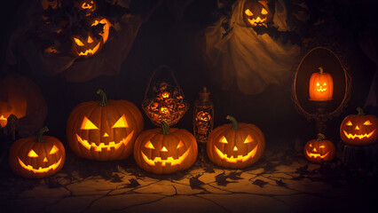 Halloween background, Jack-o'-Lanterns, pumpkins and spiders, generative AI.
