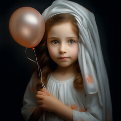 Fototapeta premium portrait a muslim child girl in hijab, super close up, hyper realistic and detail, bautiful dreamy light, create using generative AI tools.
