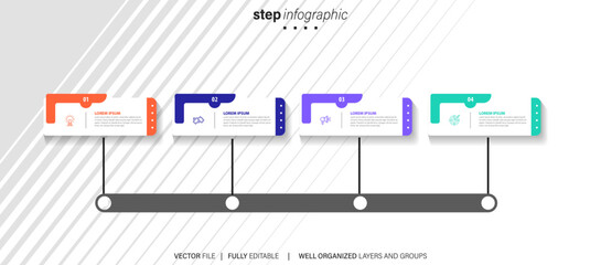 Timeline infographic with infochart. Modern presentation template with 4 spets for business process. Website template on white background for concept modern design. Horizontal layout.
