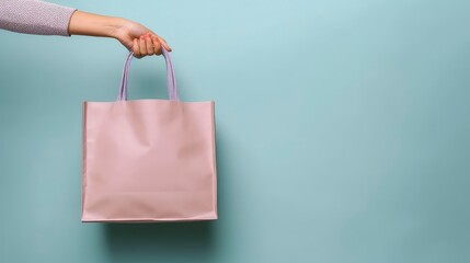 Hand holding shopping bag on pastel color background. Minimal style. Generative AI