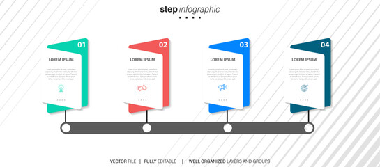 Abstract business line arrow infographic template with 4 options. Colorful diagram, timeline and schedule isolated on light background.