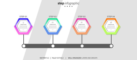 Abstract business line arrow infographic template with 4 options. Colorful diagram, timeline and schedule isolated on light background.
