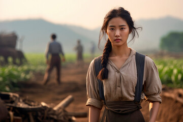 Fields of Dedication: A Chinese Woman, a Diligent Farmer Worker, Standing in Front of Blurred Agricultural Fields.

