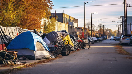 Homeless encampment on an urban street.  - obrazy, fototapety, plakaty