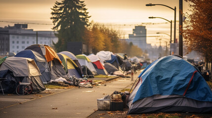 Homeless encampment on an urban street.  - obrazy, fototapety, plakaty