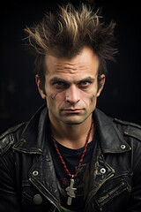 Portrait of a hard looking punk rocker.