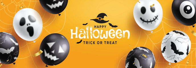 Obraz premium Happy halloween text vector design. Halloween trick or treat invitation card with creepy ghost and skull balloons elements for horror decoration. Vector illustration holiday card background.