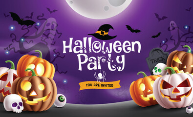 Halloween party text vector design. Halloween party invitation card in purple space with pumpkin lantern characters decoration elements. Vector illustration kids invitation card.