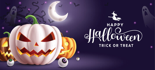 Halloween text trick or treat vector design. Trick or treat with scary and spooky white pumpkin glowing lantern in creepy night for holiday party invitation card. Vector illustration halloween.