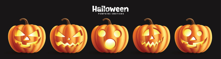 Halloween pumpkins set vector design. Pumpkins collection in scary, spooky and creepy emotions for holiday horror lantern elements. Vector illustration pumpkins halloween collection. - obrazy, fototapety, plakaty