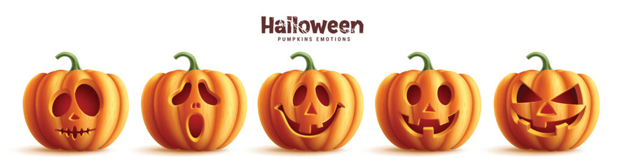 Halloween pumpkins vector set design. Pumpkins orange collection in funny, creepy and spooky facial expression isolated in white background. Vector illustration trick or treat party elements.
