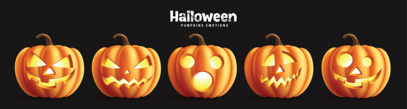 Halloween pumpkins set vector design. Pumpkins collection in scary, spooky and creepy emotions for holiday horror lantern elements. Vector illustration pumpkins halloween collection.