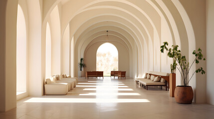Fototapeta na wymiar Modern colonnade showing rounded arches, low minimalist furniture, and an opening at the far end. 